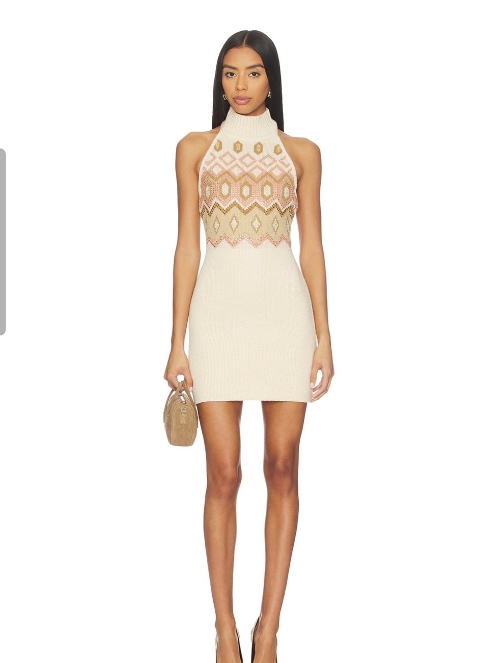 Retrofete Cream Knit Halter Mini with Pink and Gold Motif